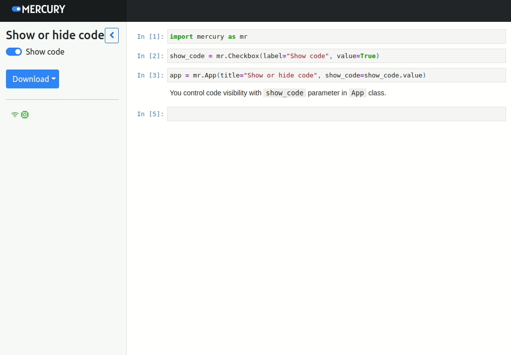 Mercury application with show and hide code checkbox