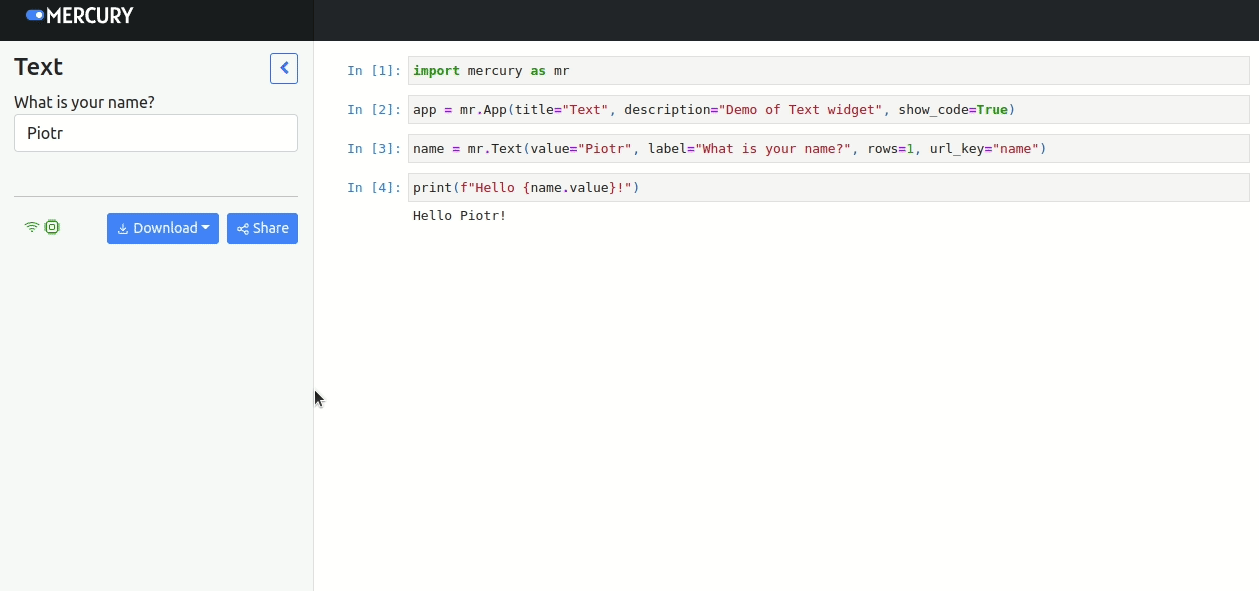 Share Mercury App with text widget value set in URL