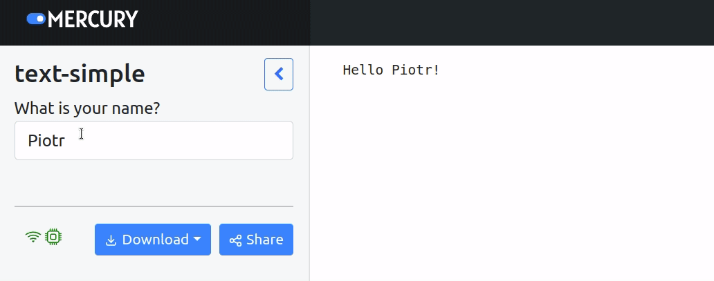 Mercury App with text widget created in Jupyter Notebook